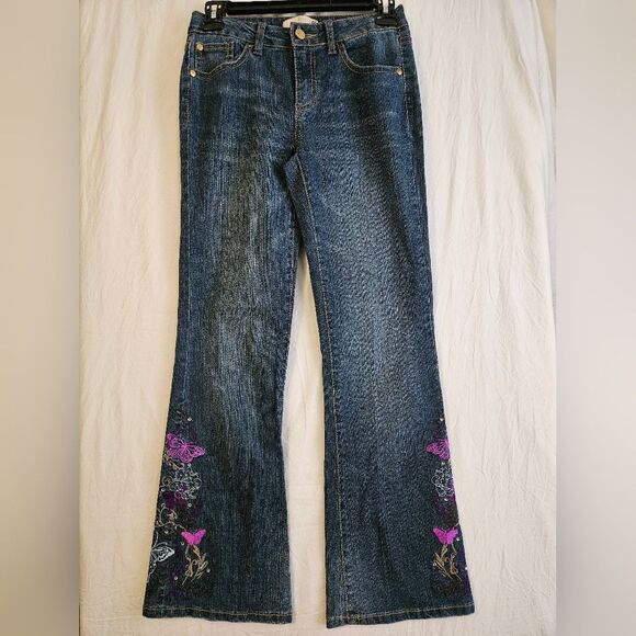 Route 66 Jeans Girl's Sz 12 (26x28) Low Rise Flare Dark Wash Floral Embroidered - Picture 1 of 10